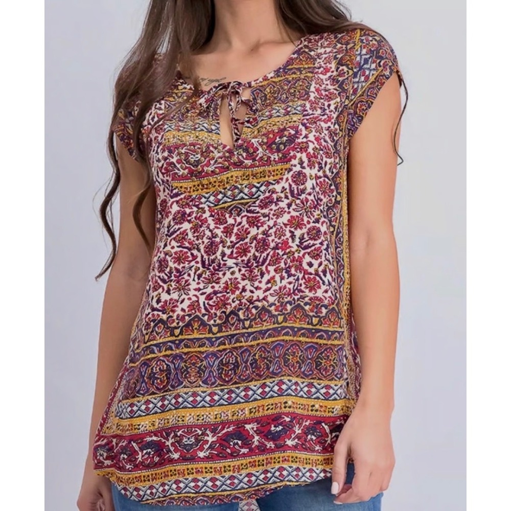 Lucky Brand Womens Red Floral Medallion Studded Boho Cap Sleeve Blouse Large